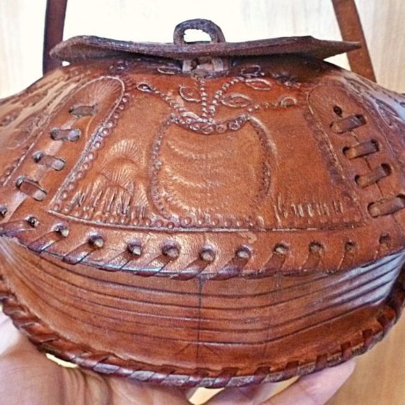 Hand Crafted Tooled Leather Shoulder Bag in Unique Hexagon Shape - Picture 7 of 15
